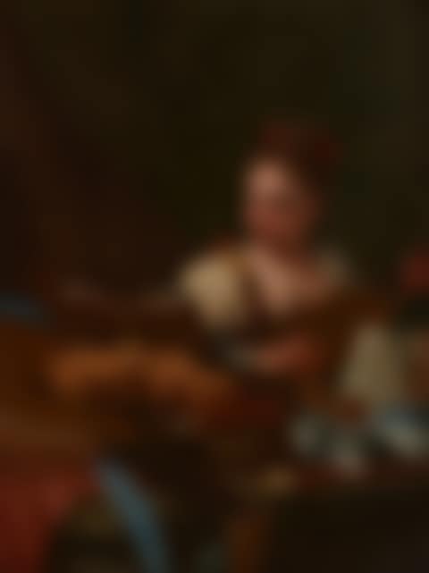 A girl playing a mandolin, with a lute, a viol, books and blue and white porcelain on a table (preview)
