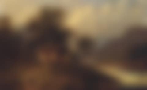Figures before a cottage in mountainous river landscape (preview)