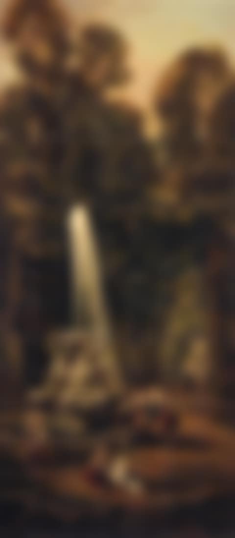 Artist sketching lady beneath terrace in garden. Washerwomen by fountain in garden (preview)