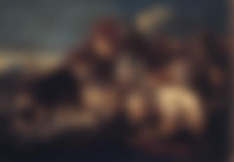 Dog drinking in pool by sheep and goat, shepherd and ruin beyond (preview)
