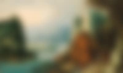 Alpine landscape with travellers and gypsies on path (preview)