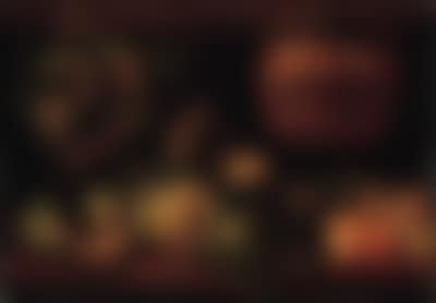Fruit, rabbit on wooden ledge and apples in basket (preview)