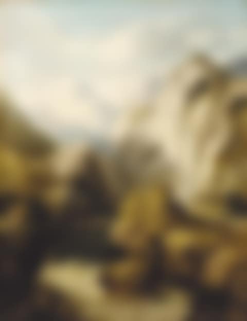 A mountainous river landscape with figures on a bridge and a town beyond (preview)