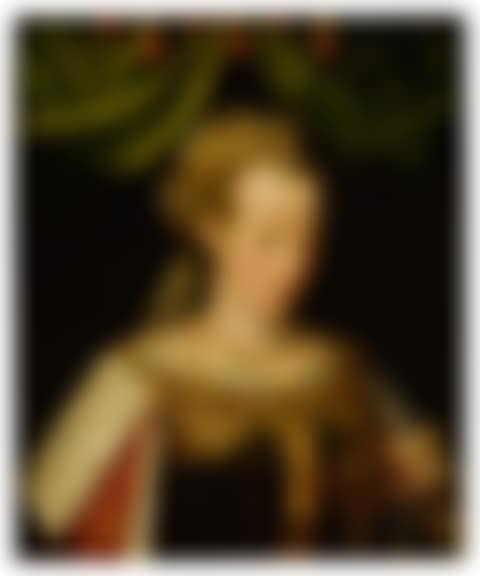 Portrait of a noblewoman as a sibyl, wearing an ornate jeweled headdress and coronet, holding a book in her left hand, and a baldacchino above (preview)