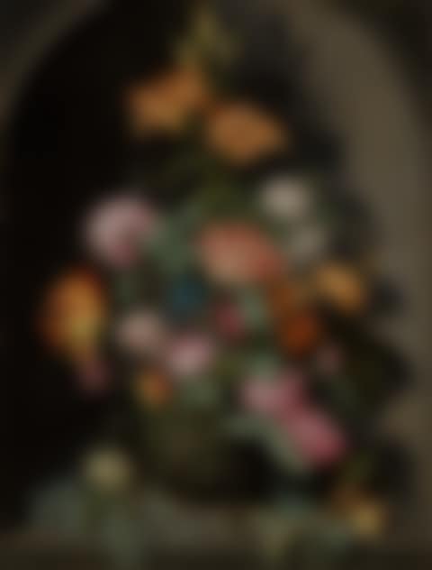Bouquet of tulips, lilies, and carnations in a glass vase with apples, grapes, a lizard and butterfly, in a stone niche (preview)