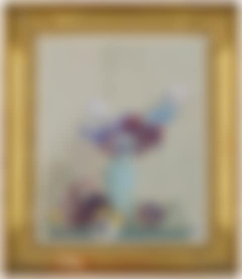 Tulips and primulas in a blue vase on a table (preview)