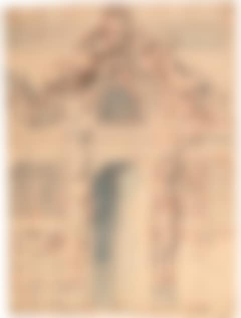 Elaborate facade with an open door flanked by a bacchante and satyr (preview)