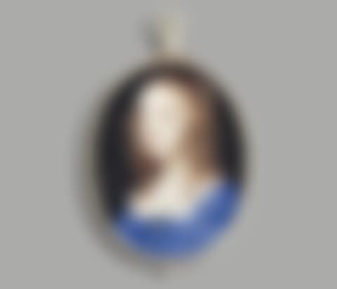 A lady called Mrs John Lewis (née Sarah Foote), in white- bordered blue silk dress, gem-set brooch flanked by four pearls, suspended with drop-pearl and worn at corsage (preview)