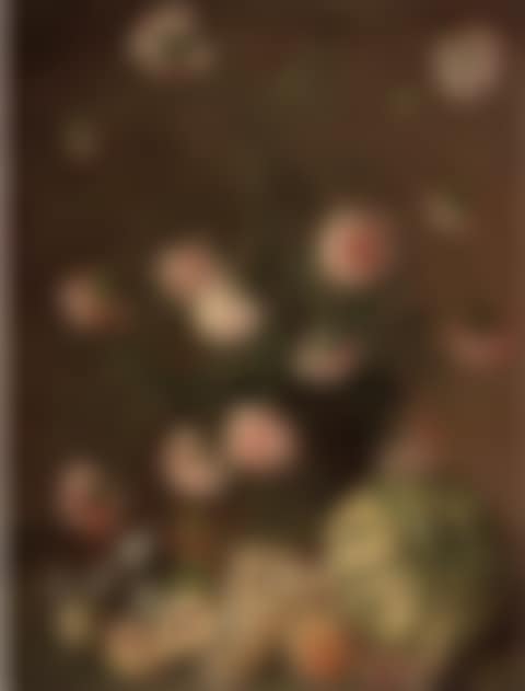 Carnations in a pot, peaches, grapes and other fruit on a ledge (preview)