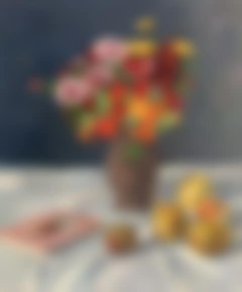 A still life with a summer bouquet, fruits and a book (preview)