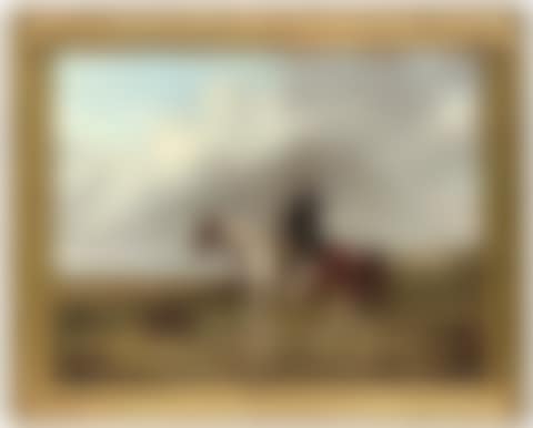 Portrait of a gentleman on his piebald hunter, a pointer to his side (preview)