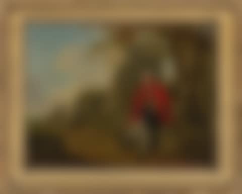 Portrait of a gentleman, full-length, in a crimson coat holding a walking cane and hat, seated in a landscape with ruins of a castle beyond (preview)