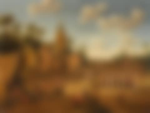 A village landscape with peasants at a table, gamblers in the middle distance, dogs and other figures with a church and houses beyond (preview)