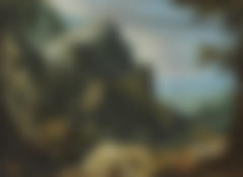 An extensive mountainous landscape with shepherds, animals and a castle beyond (preview)