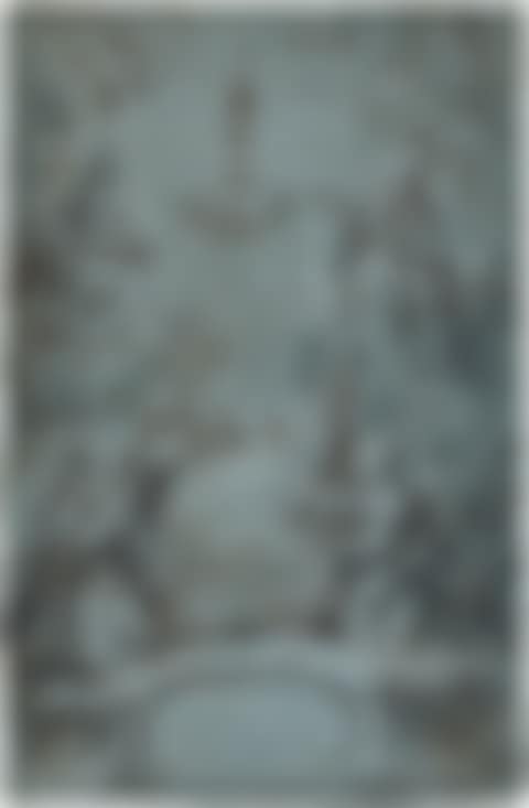 Design for a book illustration: figures adoring the Sacrament flanked by St. John the Evangelist and a Bishop Saint; below two kneeling figures and two Native Americans in prayer, surrounding a globe on a baroque pedestal (preview)