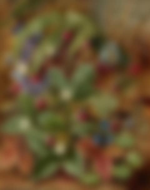 Still life with wild strawberries, forget-me-nots, bluebells, ferns, and a butterfly (preview)