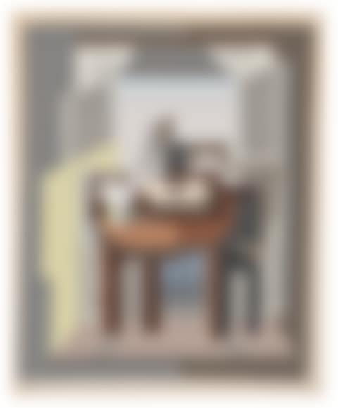 Compotier, partition, bouteille et guitare devant une fenêtre (preview)