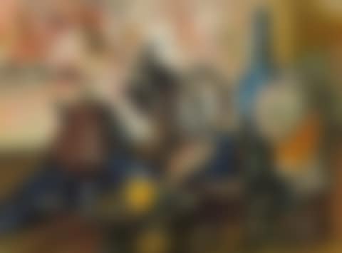 Still life with coffee pot, vases and an apple (preview)