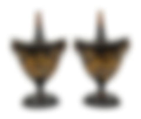 A Pair of Regency Style Black and Gilt Decorated Tole Covered Urns (preview)