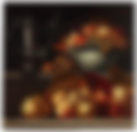 A pewter flagon with a small roemer hanging from its spout and a Chinese Wan-li dish with fruit on a high stone ledge, a heap of pears, apples, plums, grapes and citrus fruit on a parallel low stone ledge (preview)