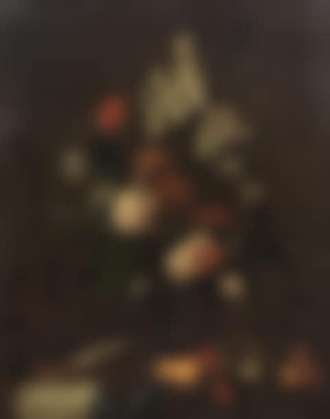 A still life of roses, lilies, a tulip and other flowers on a table-top with fruit, a pocket watch and other items (preview)