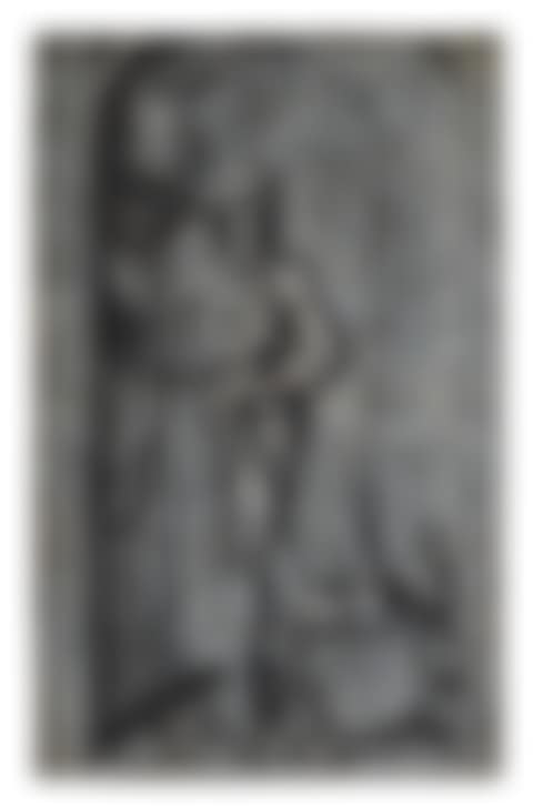 A standard-bearer in full armor near a coat of arms in a niche (preview)