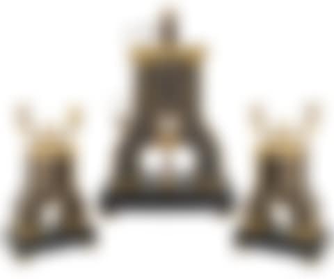A THREE-PIECE INDUSTRIAL STEAM DESK CLOCK AND CANDELABRA (preview)