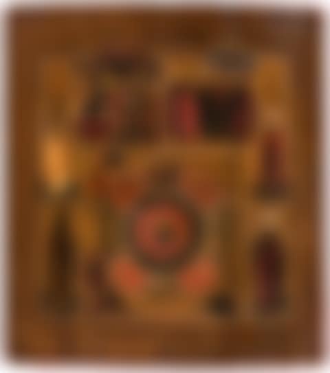 A COMPLEX RUSSIAN ICON WITH SELECT SAINTS, SCENES AND THE ALL SEEING EYE OF GOD (preview)