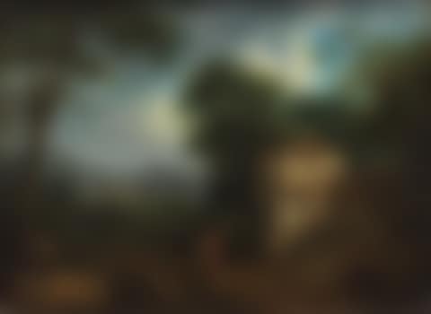 A hilly landscape with figures and cattle travelling along a path beside a building (preview)