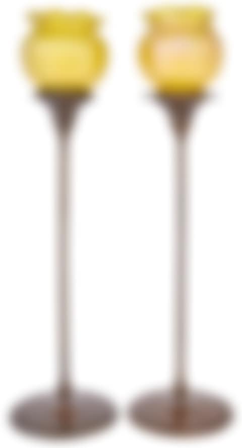 Pair of Tiffany Studios Bronze Candlestick Bases Together with a Pair of Bohemian Art Glass Shades (preview)