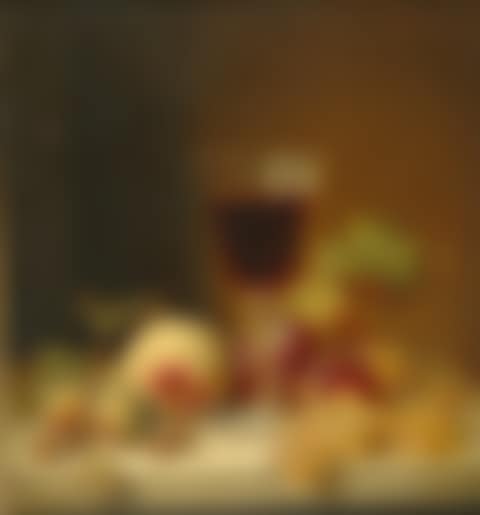 Grapes, Oysters, Lemon, Almonds and a Flute of Champagne on a Draped Ledge and Grapes, Hazelnuts, Lady Apples, Peach and a Glass of Red Wine on a Marble Ledge: Two (preview)
