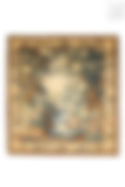 Tapestry decorated with a deer and a goat near a stream against a forest background. Flower garland border (preview)