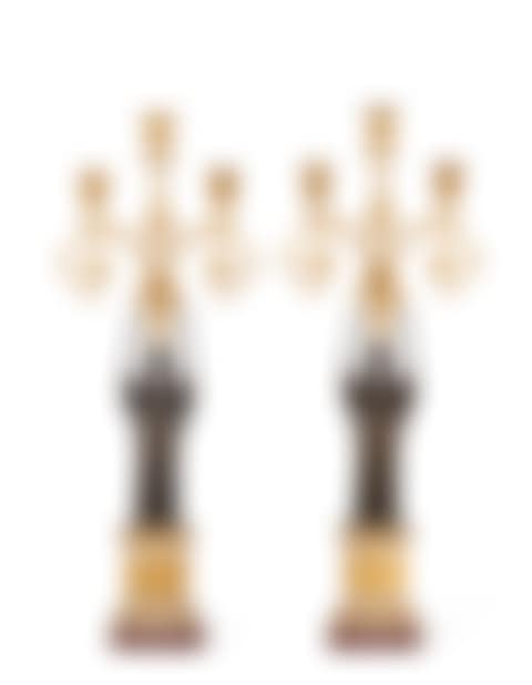 A PAIR OF DIRECTOIRE ORMOLU, WHITE MARBLE AND PATINATED-BRONZE CANDELABRA (preview)