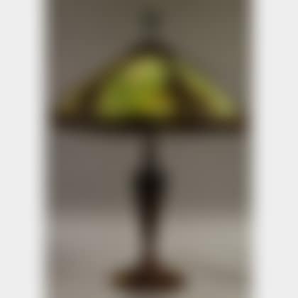 Metal Overlay and Green Slag Glass Bent Panel Lamp Shade on Painted Cast Metal Table Lamp Base (preview)