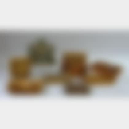 Two Wooden Cutlery Trays, a Small Blue-painted Carved Wooden Wall Shelf, and Six Wooden Boxes (preview)