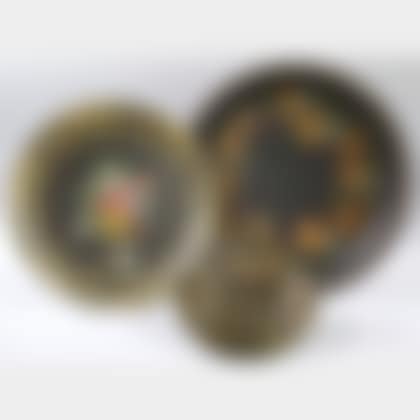 Two Large Circular Paint-decorated Tole Trays and a Paneled Bowl (preview)