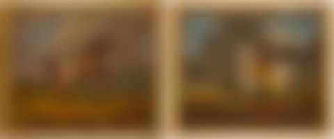 A pair of equestrian paintings: a chestnut charger and a white charger, both draped in the regimental horse furniture of the 7th Light Dragoons, accompanied by officers (preview)