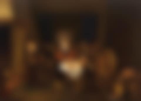 An interior with an elderly couple by a fireplace, table and spinning wheel, a bedstead behind (preview)