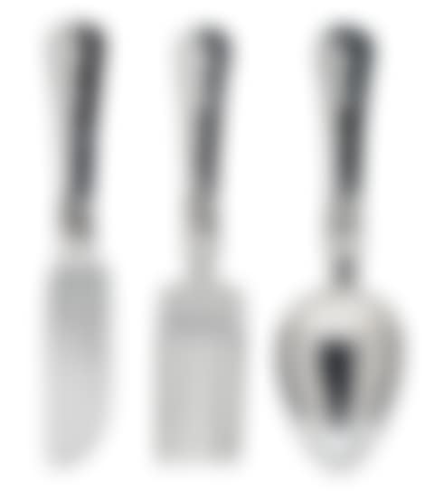 A SET OF THREE WHITE METAL HANGING DISPLAY MODELS OF A KNIFE, SPOON AND FORK (preview)