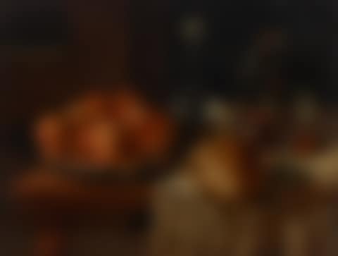 A still life with a silver charger of peaches, bread, and wine, on a table (preview)