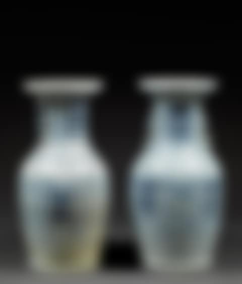 SUITE OF TWO GUANYIN VASES in porcelain and underglaze cobalt blue; Two blue and white vases (preview)