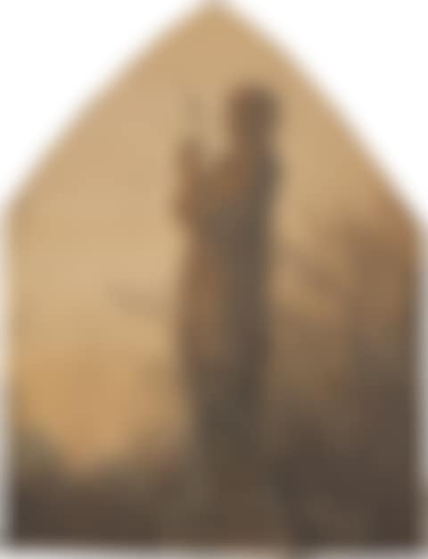 Dresden, circa 1830. Mater Dolorosa in the evening light in front of church silhouette. (preview)
