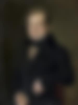 Portrait of chancellor Hans Schmidt seated in a black coat with fur collar and colourful waistcoat, large ring on his left hand (preview)