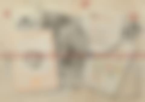 Trompe l"oeil with engraving, documents, drawings and playing card before a wooden wall (preview)