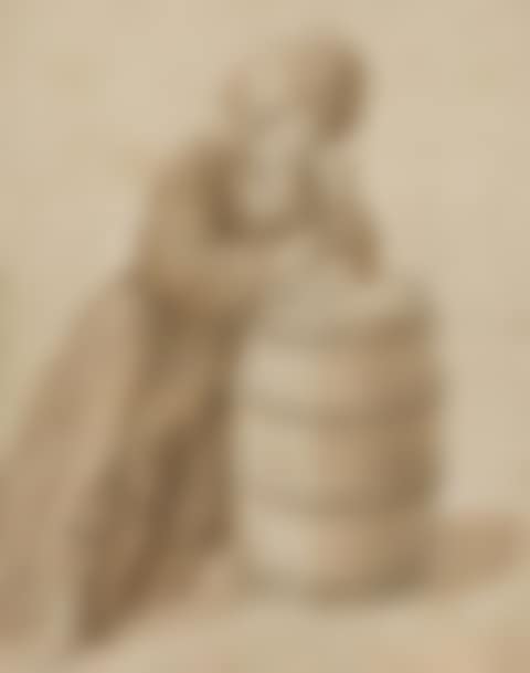 Merchant in fur cap, writing on a wooden barrel (preview)