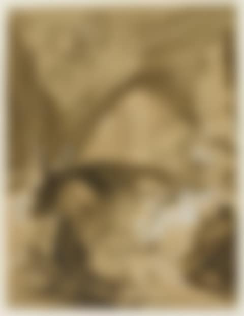 Bridge over rushing creek, with woman on donkey holding a rosary (preview)