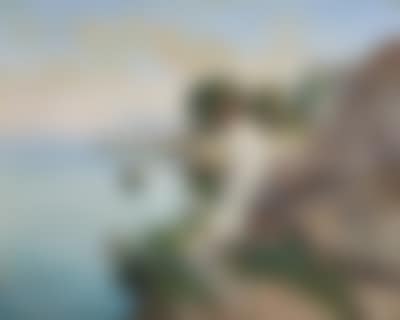 Mediterranean coastal landscape with a young lady in a white dress with a parasol leaning against rocks (preview)