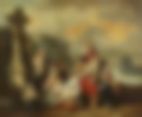 Women with children worshiping in front of a stone cross (preview)
