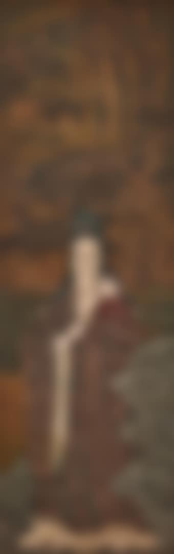 A mountain landscape with Guanyin standing under pine trees, with gnarled branches, surrounded by cloud scrolls (preview)