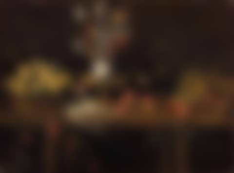 Still life with friuts and flowers; Pears in a wicker basket, plums, vegetables and flowers in a vase on a balustrade (preview)